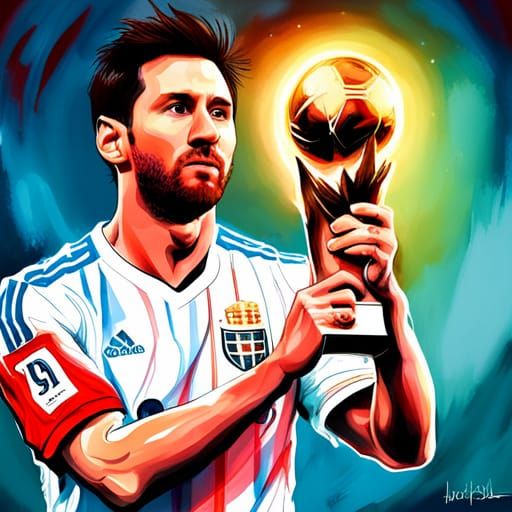 Messi Holds World Cup Trophy in Gouache Painting Style