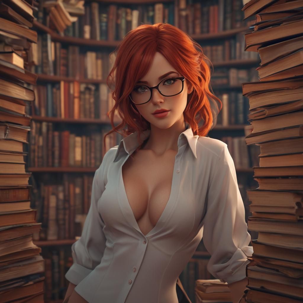 Sexy Red-Haired Librarian in Anime-Inspired 3D Art