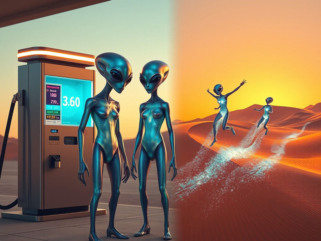 Futuristic Aliens Demand Gas in Neon Desert Scene