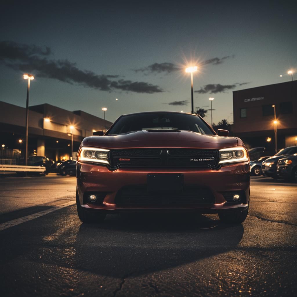 Dramatic Dodge Charger Close-Up in Parking Lot at Dusk