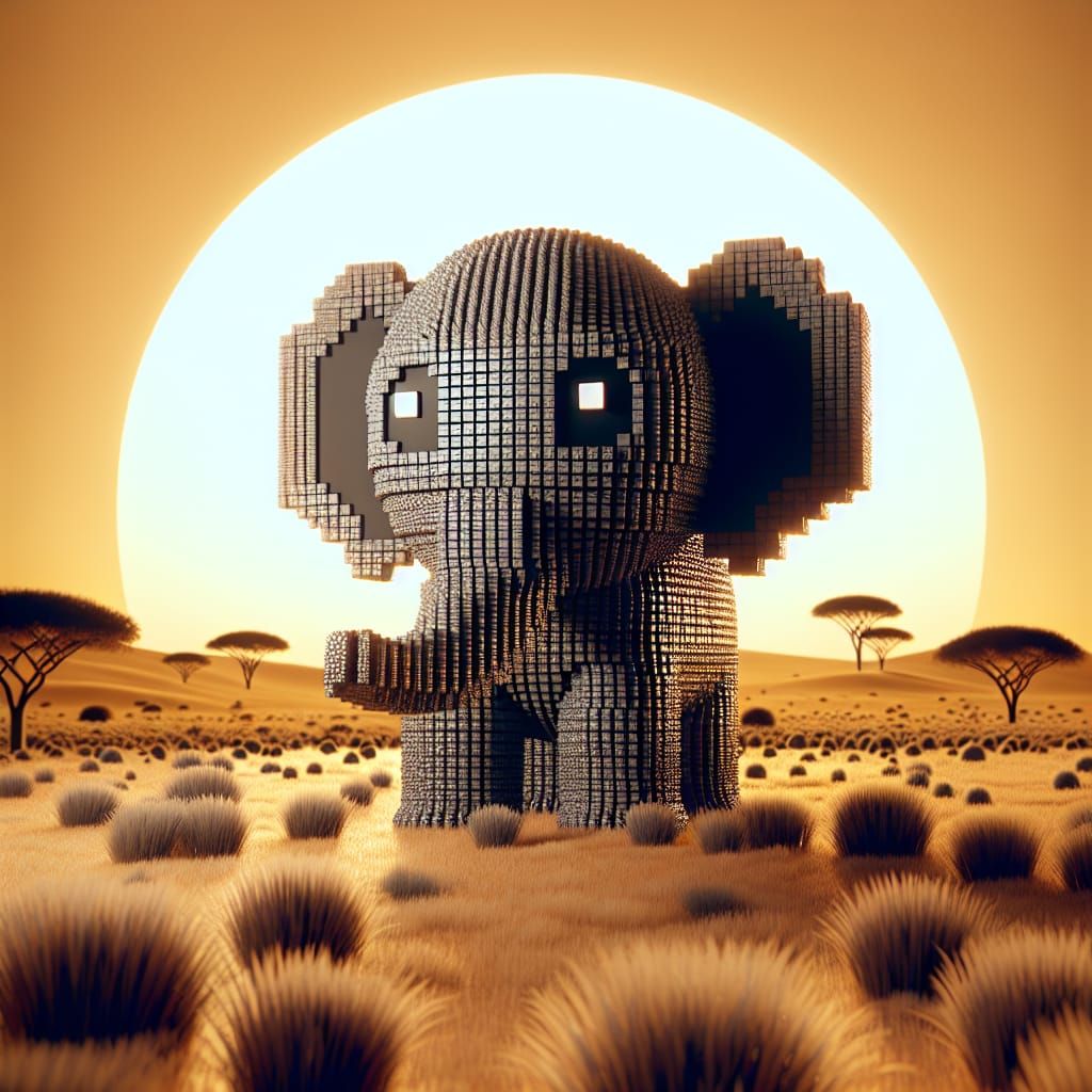 Pixelated 3D Elephant in Sepia-Toned Savannah Landscape