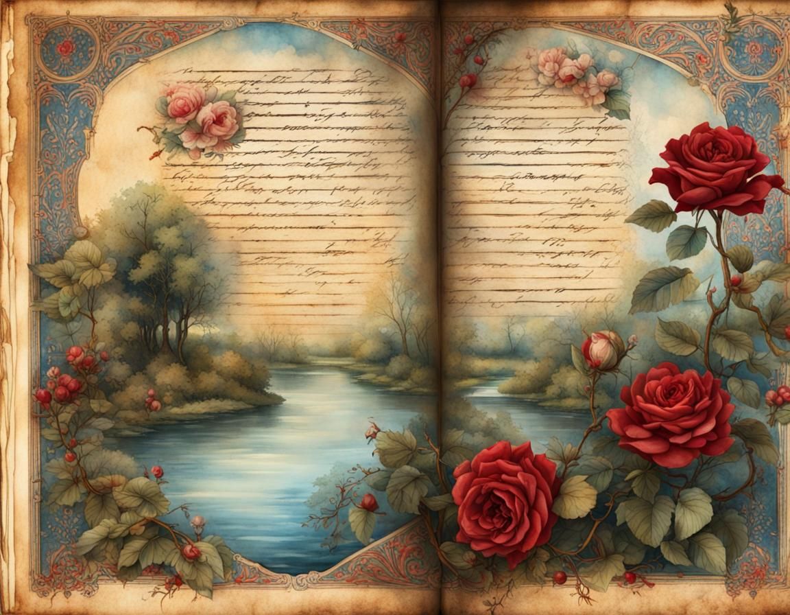 Vieux Papier Énchanté avec Rivière et Roses