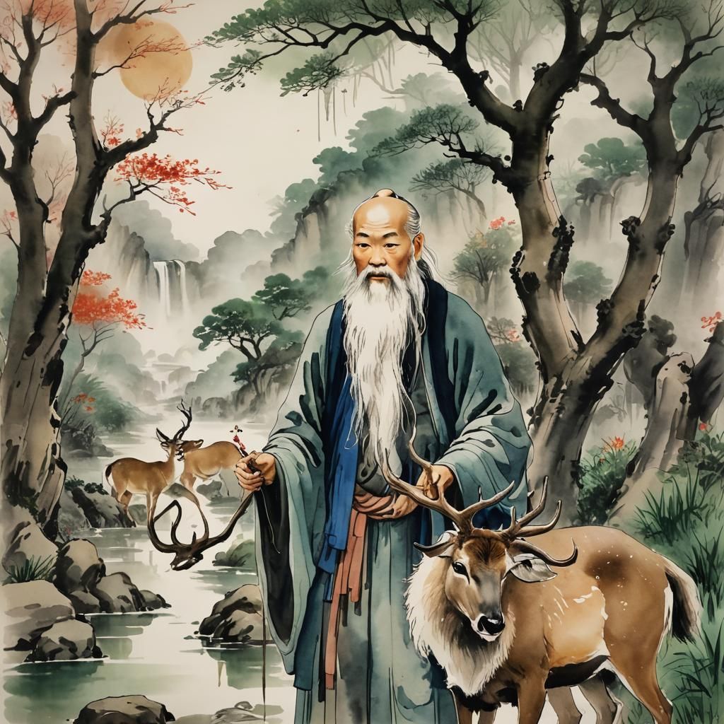 Lao Tzu in Chinese Taoist Nunnery, Watercolor Splashes with....