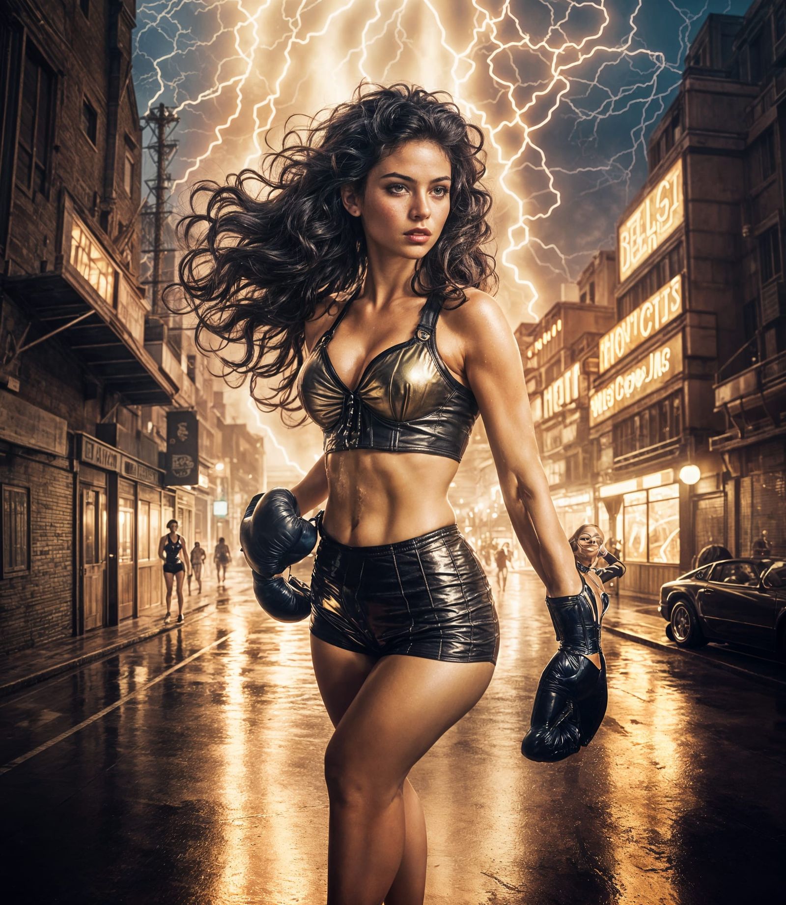 Elegant Woman in Retro Sportswear with Atompunk Cityscape