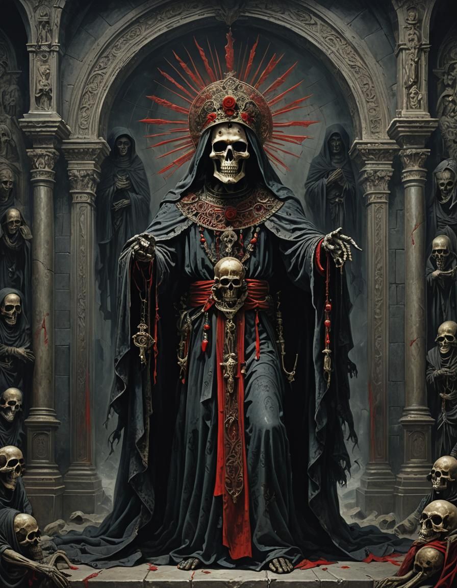 Surreal Mexican Folk Art of Santa Muerte in Dark, Moody Colo...