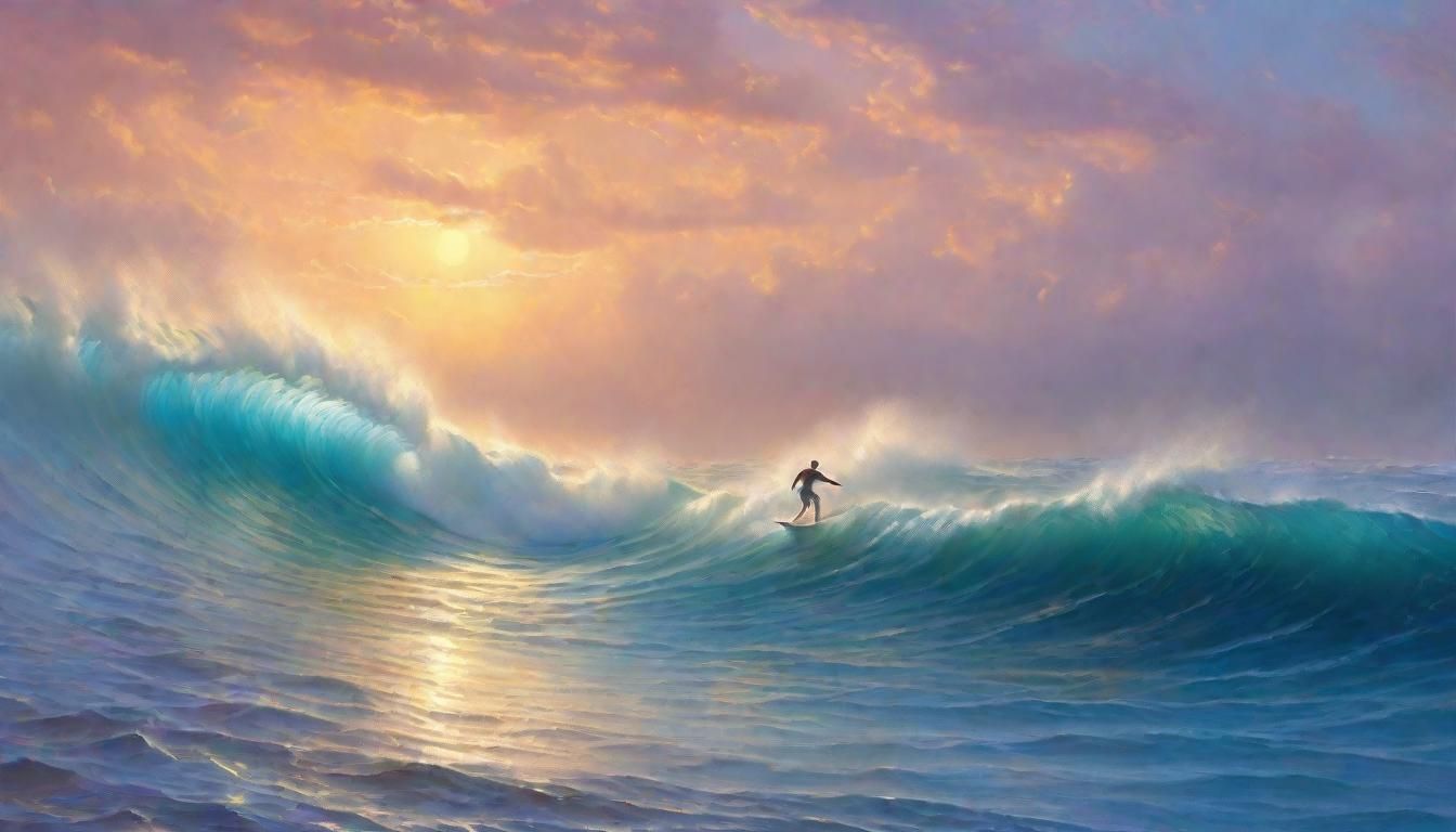Dreamy Seascape with Surfer in Golden Light