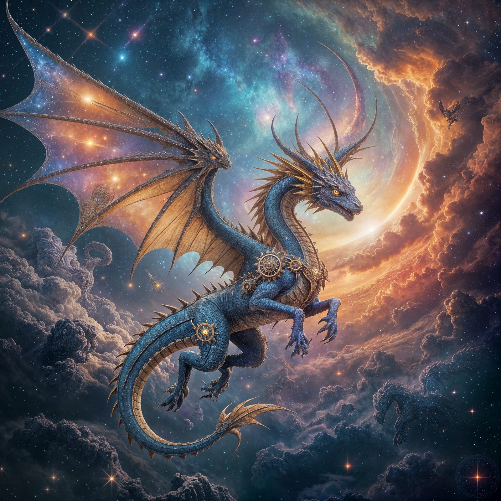 Steampunk Dragon Soaring Through Nebula