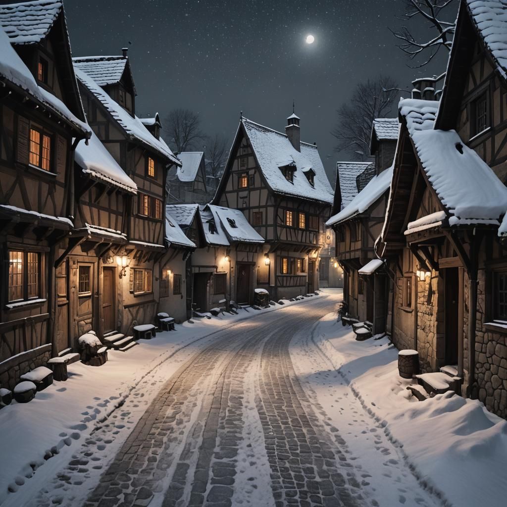 Frosted Medieval Village Under Snowy Winter Skies
