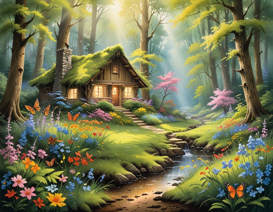 Whimsical Woodland Retreat in Vibrant Springtime Colors