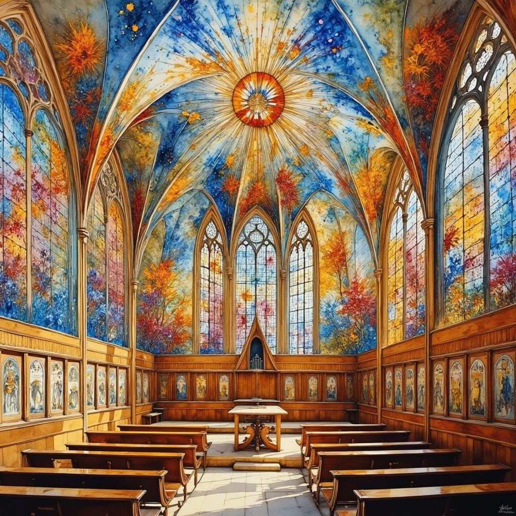 Chagall-Inspired Stained Glass in a Chapel