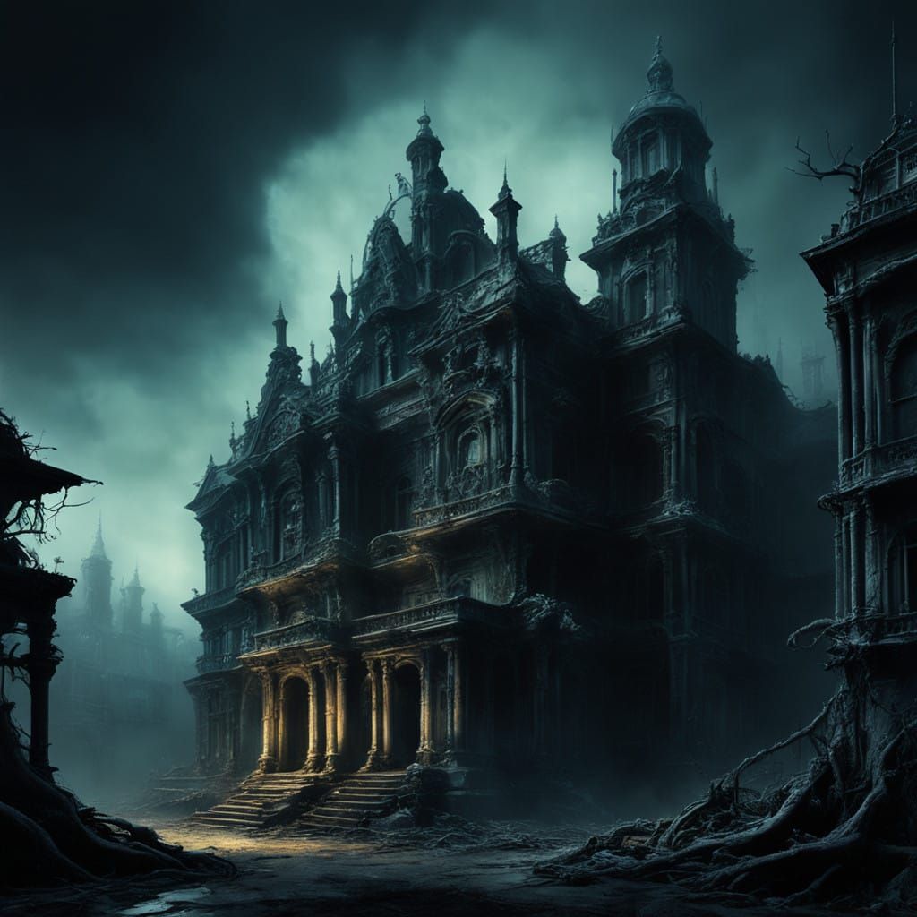 Surreal Ghost Haunts Crumbling Mansion in Midnight Realism