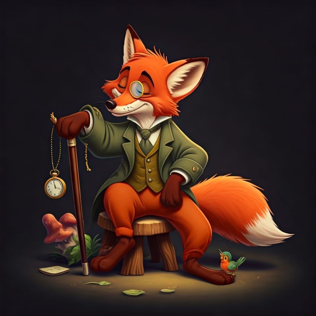 Fox Dozing on Mushroom in Disney Style