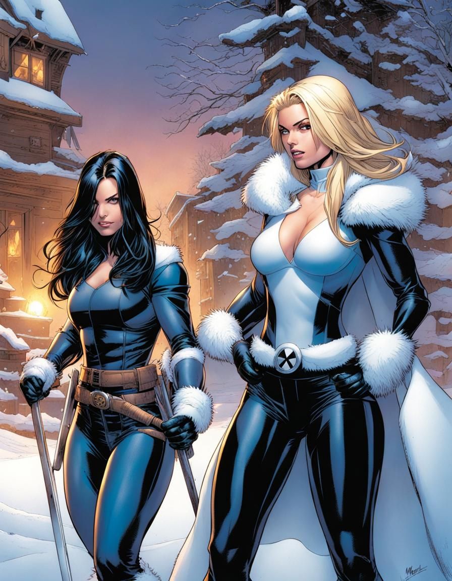 Marvel Winter Scene of Emma Frost and X-23 Building a Snowma...