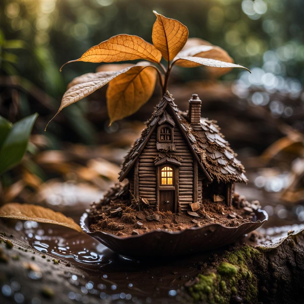 Hyperrealistic Brown Cottage Scene with Water Droplet and St...