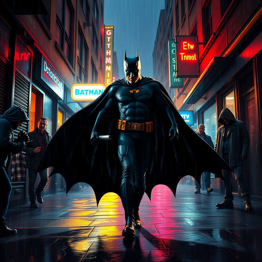 Batman Strides Through Neon-Lit Gotham Alleyways in a Cyberp...