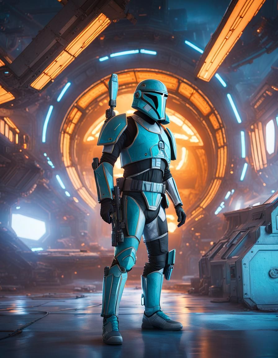 Mandalorian Warrior in Turquoise and Black Armour, Star Wars...