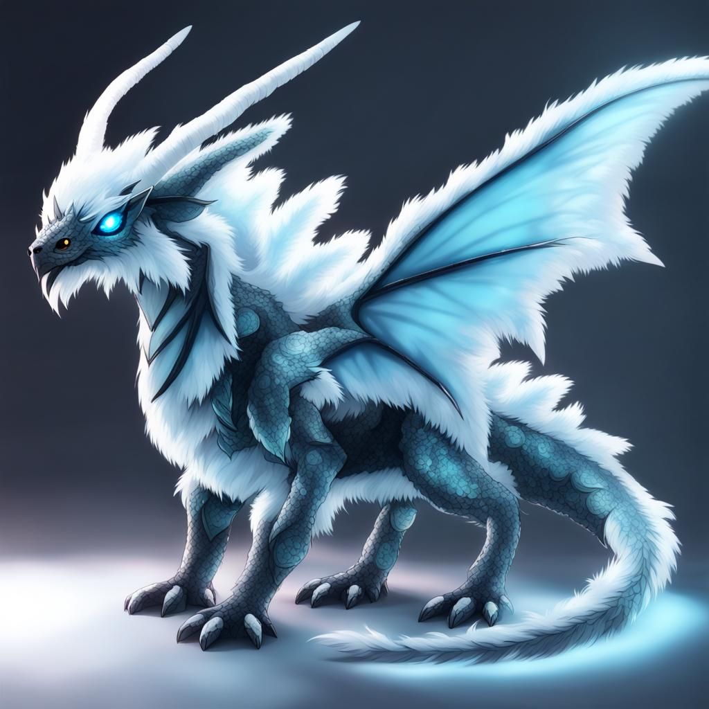 Ice moth dragon with light blue color scheme and really fluffy with shiny bold black eyes. With glowing body.