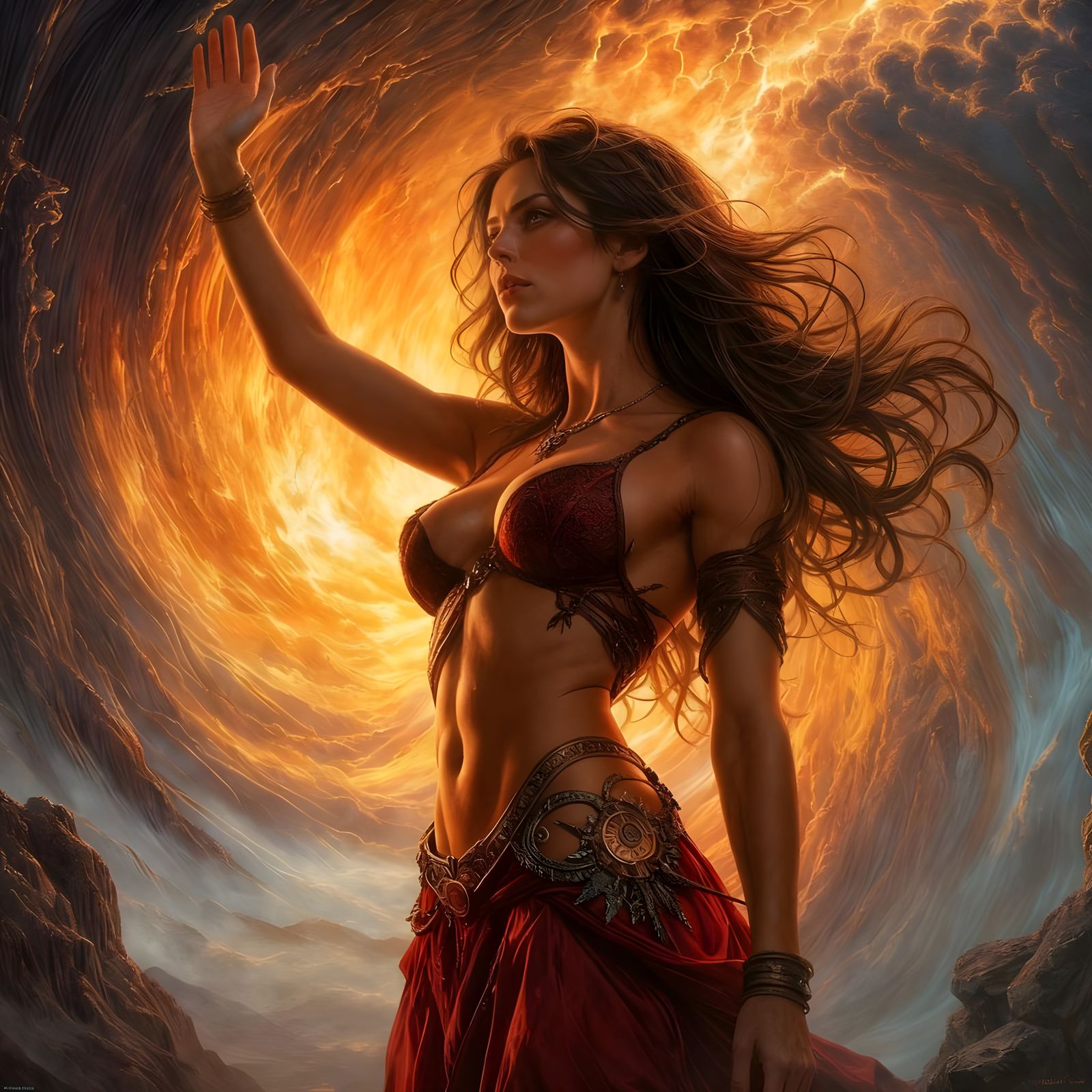 Sorceress Summons Vortex Portal in Mythic Realism Style