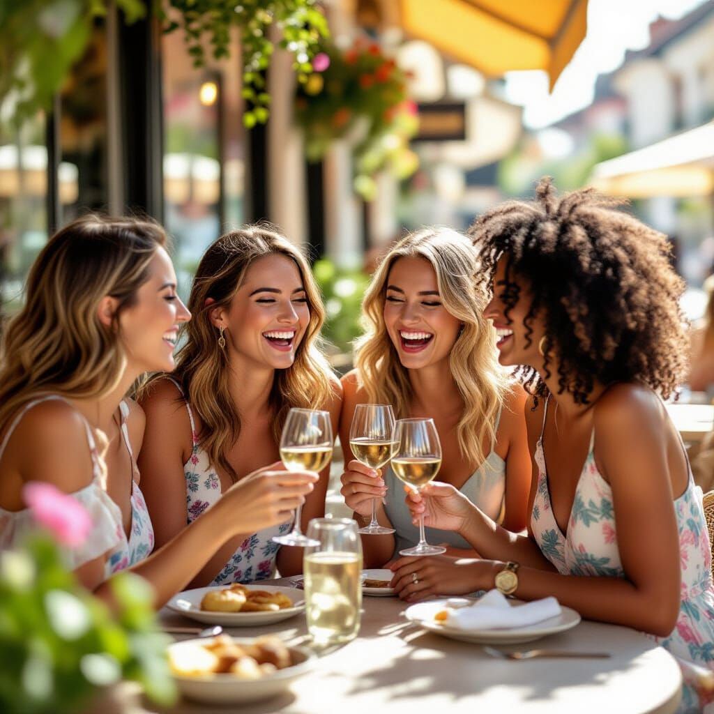 Friends Laughing Over Wine at Sunny Cafe
