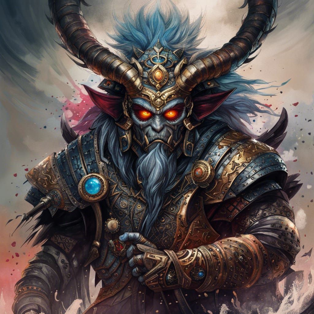 Cyberpunk Oni Demon in Ancient Japanese Art Style