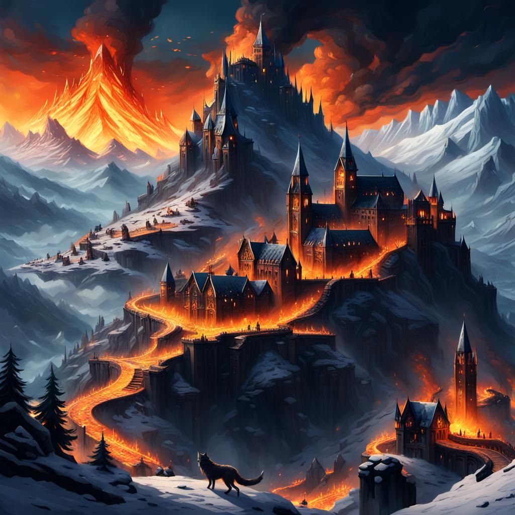 Majestic Wolves Overburning Dark Fantasy Town