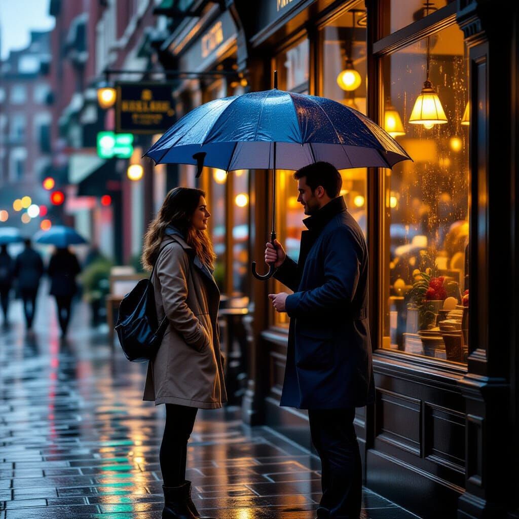 Kindness in Rain: Umbrella Shared on City Street