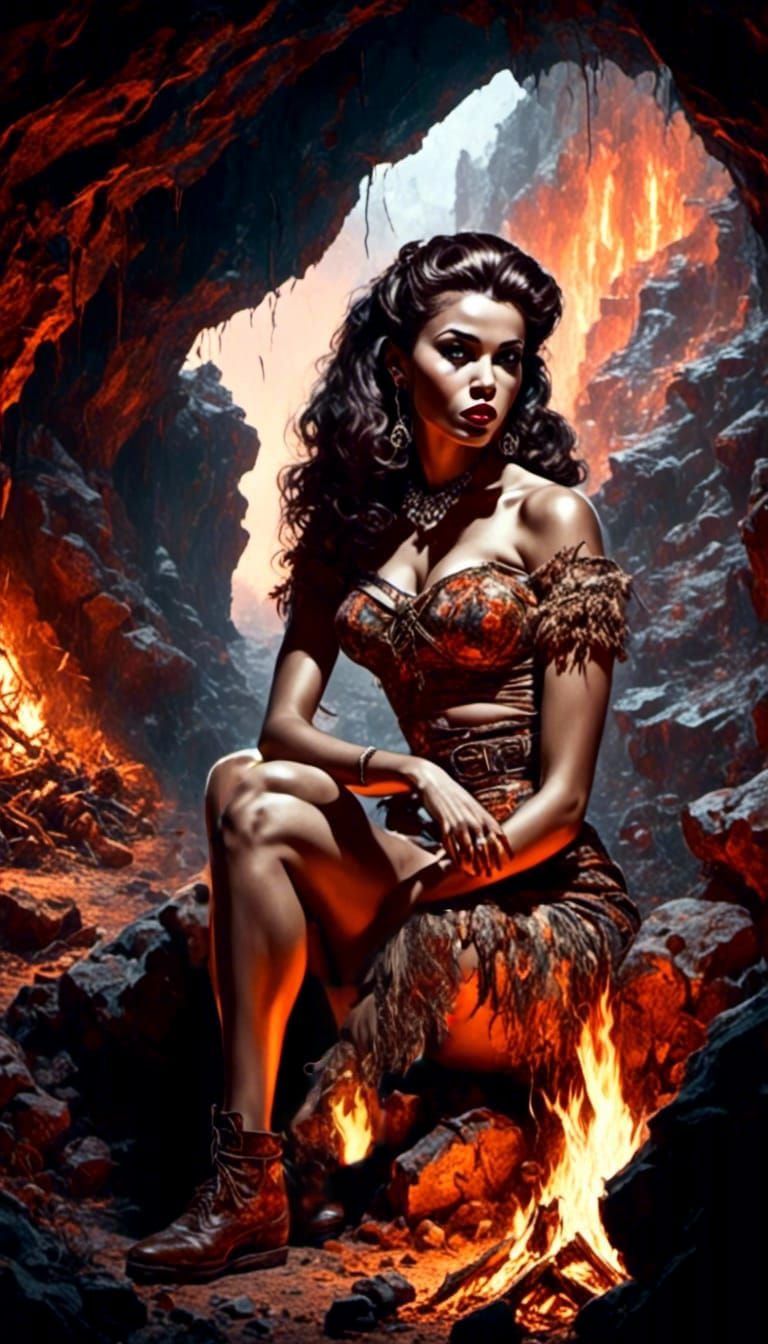 Grotesque Cave Woman Pinup in Retro Rockabilly Style