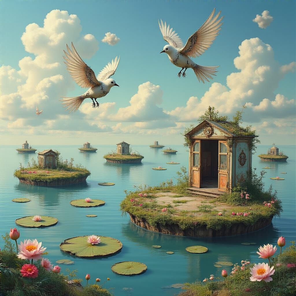 Surreal Ocean Sky Landscape with Floating Islands and Clockw...