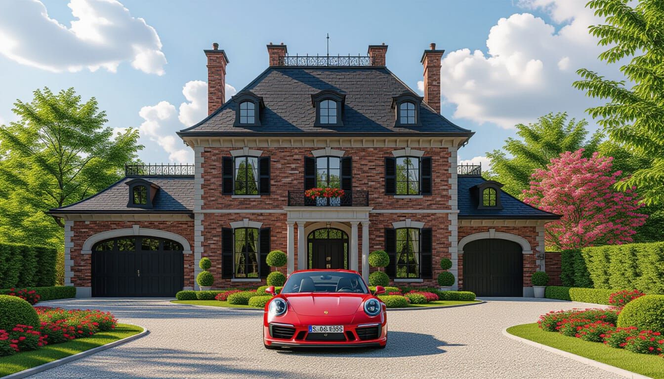 Victorian Chateau with Red Porsche 911