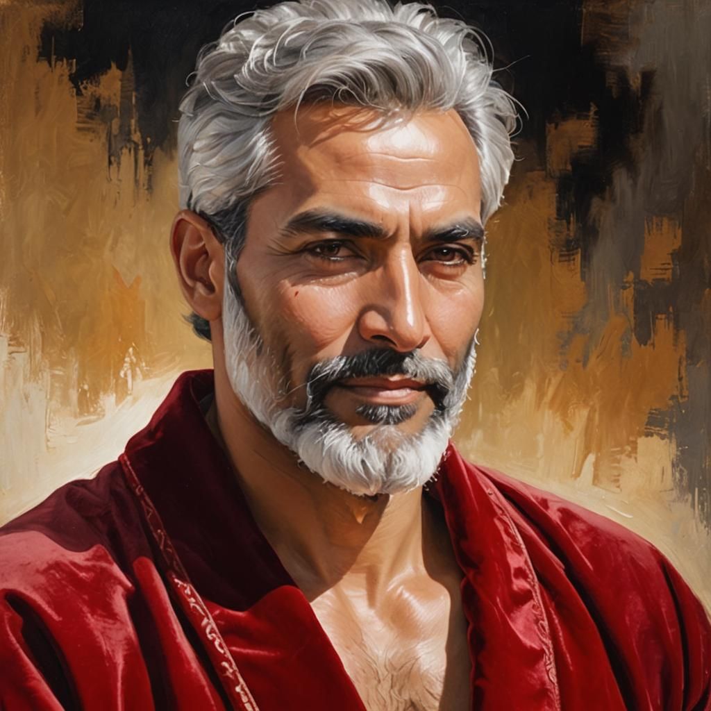 Silver Haired Arab Gentleman in Velvety Red Bathrobe