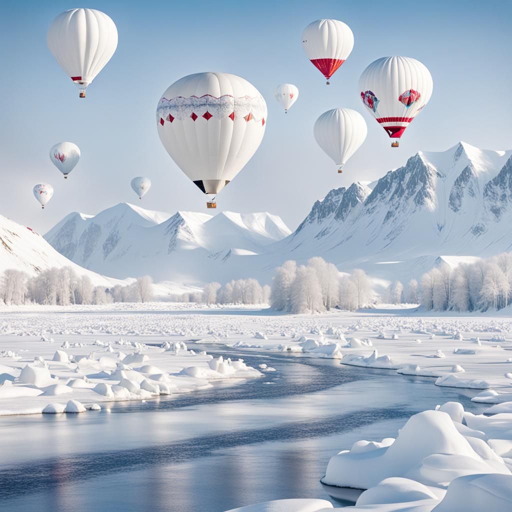 Winter Balloons in Serene Antartic Landscape