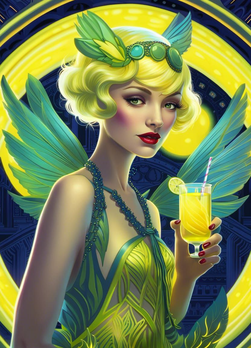 Neon Fairy Portrait in 1920s Art Deco Style