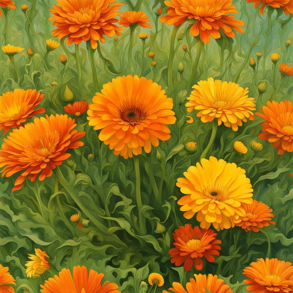 Vibrant Calendula Flowers in an Art Nouveau Style