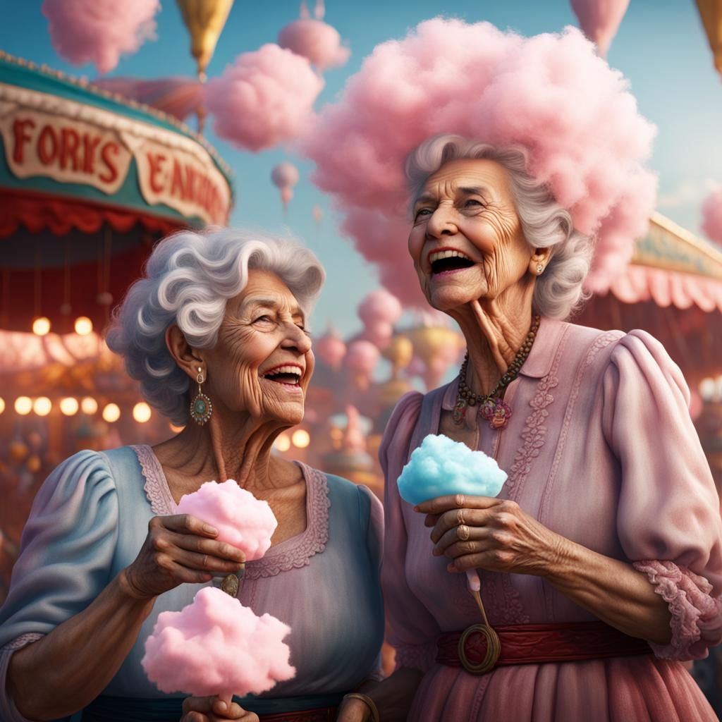 Two Older Women Enjoy a Whimsical Cotton Candy Moment at the...
