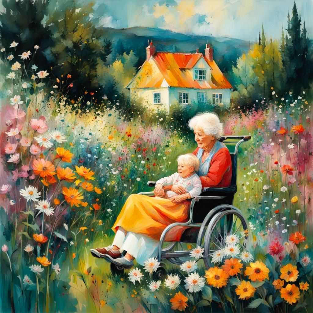 Grandmother and Grandchild in an Intricately Detailed Garden...