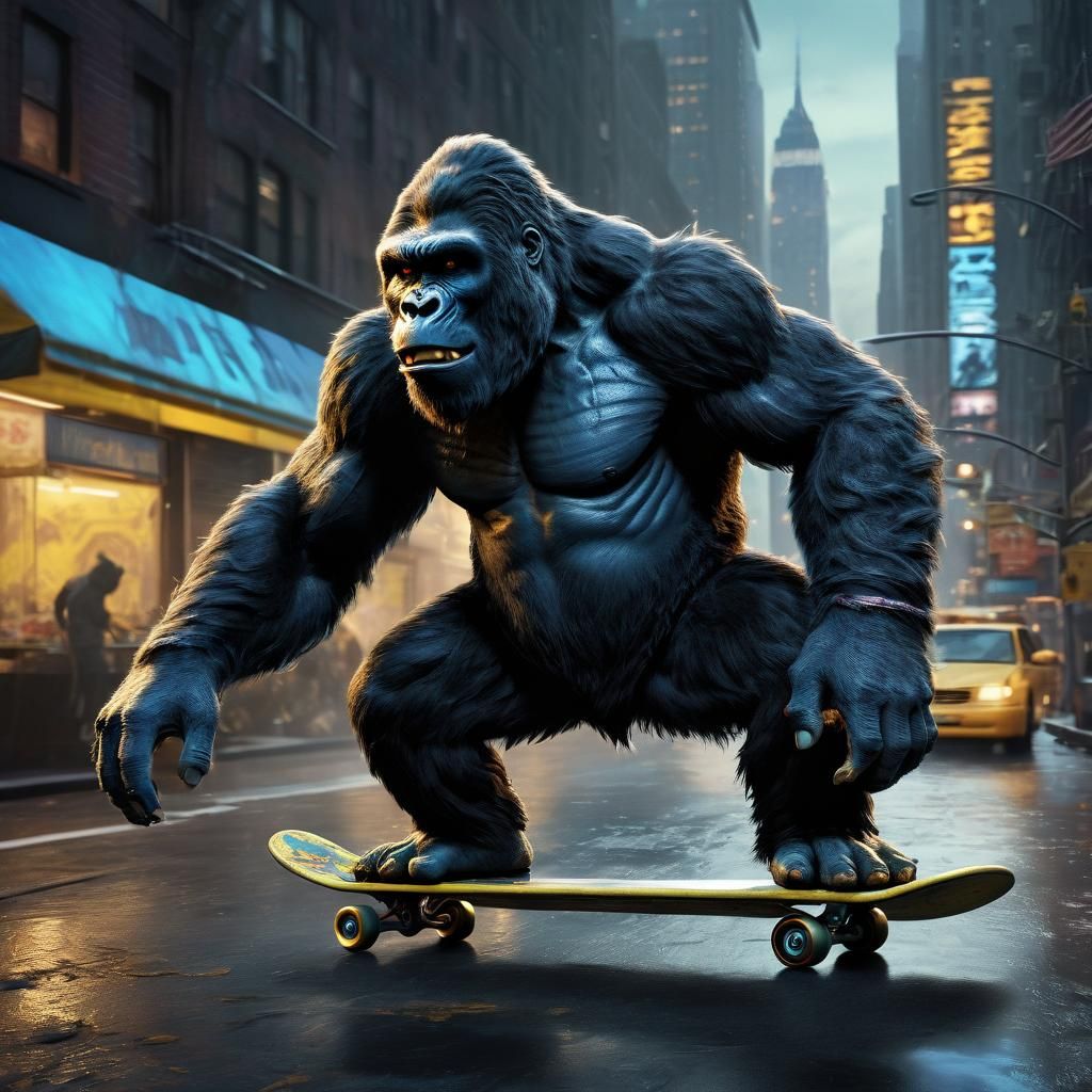 King Kong Skates Through NYC in Vibrant Matte Painting
