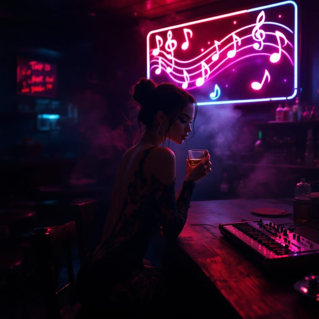 A simple synthesizer in a dark, musty bar.  The bar is fille...
