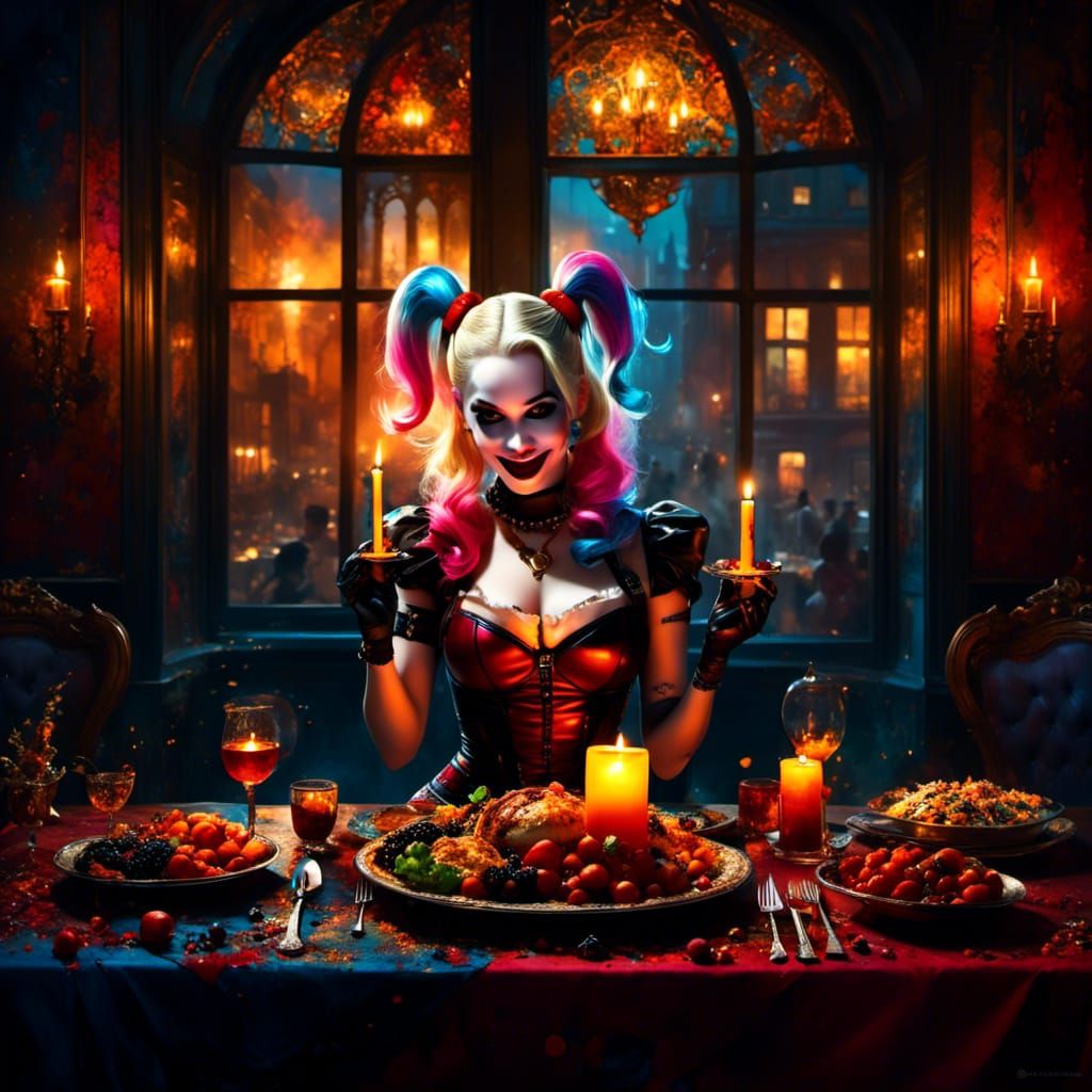 Vibrant Gotham Restaurant Scene with Harley Quinn