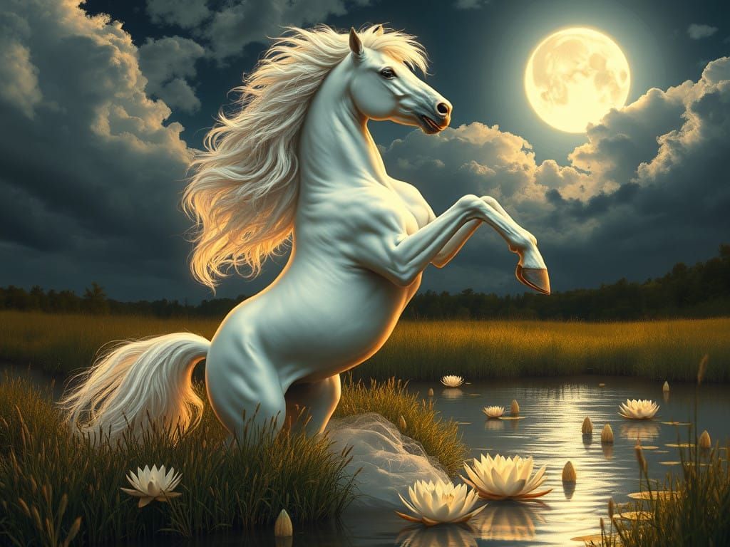 Regal White Gypsy Stallion Under a Dreamy Night Sky