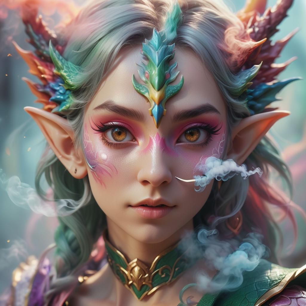 Enchanted Elf Maiden Wears Dragon Mask Amidst Whimsical Atmo...