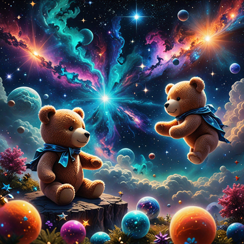 Enchanted Cosmic Teddy Bears in Ethereal Nebula