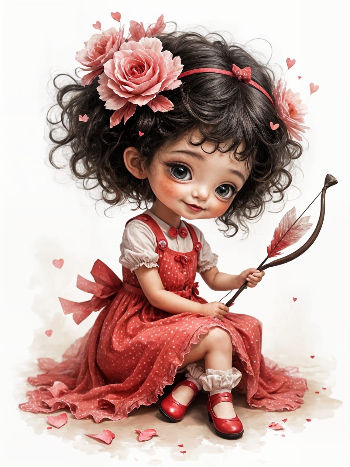 Painterly Art of Toddler Girl with Flowers and Valentine Bow