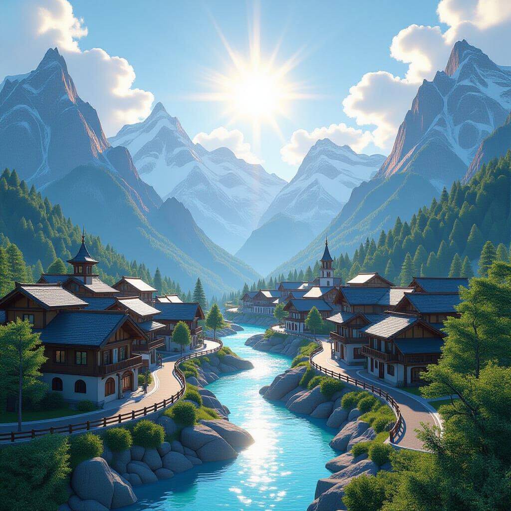 Serene Mountain Village in 3D Digital Art Style