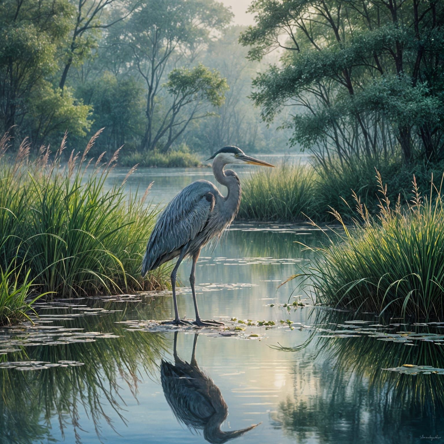 Ethereal Great Blue Heron in Watercolor Habitat