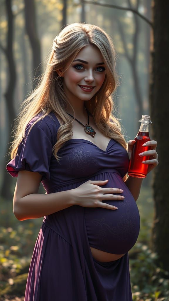 Fantastical Pregnant Female in a Purple Dress, Holding a Red...