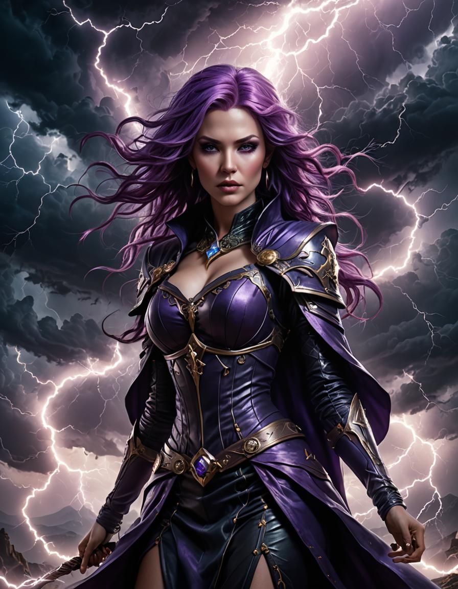 Dark Fantasy Sorceress in a Thunderous Storm
