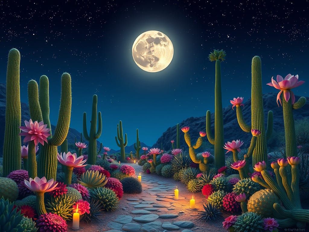 Dreamlike Desert Oasis Under Starry Night