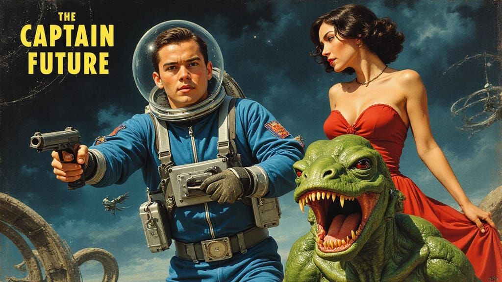 Captain Future Pulp Cover in Vintage-Futurism Style