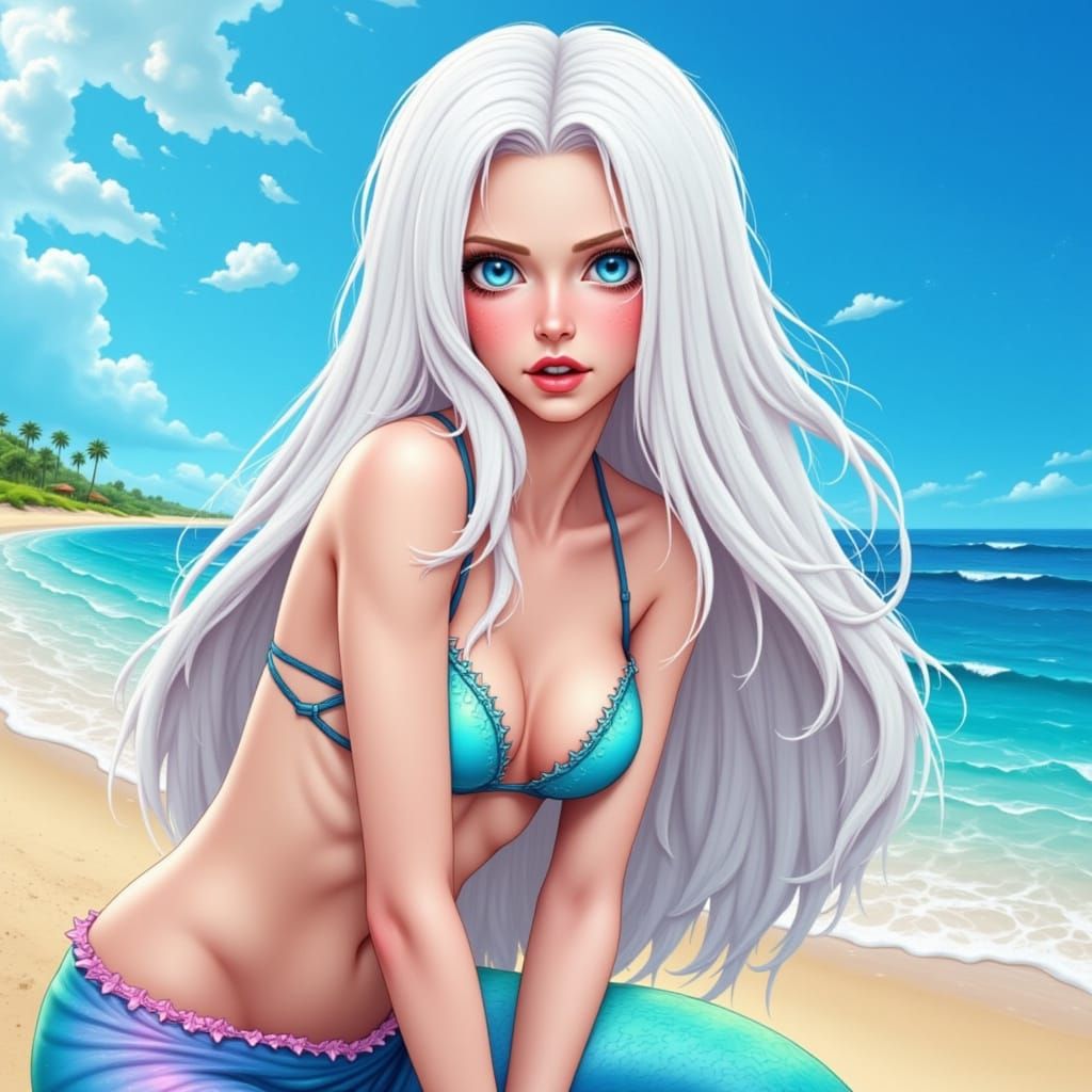 AI Mermaid Singing on Beach with White Hair