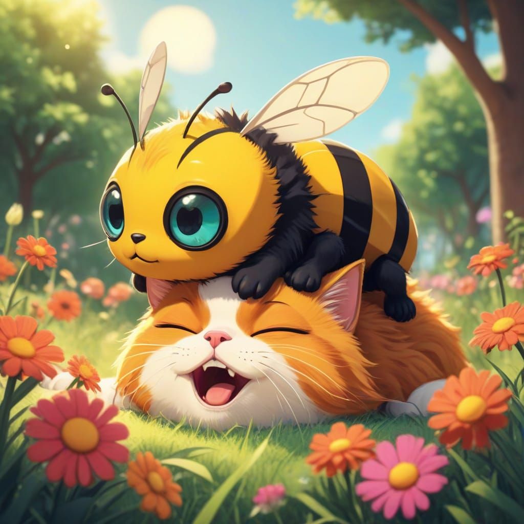 Cartoon Bumblebee Sleeps on Cat in Manga Style